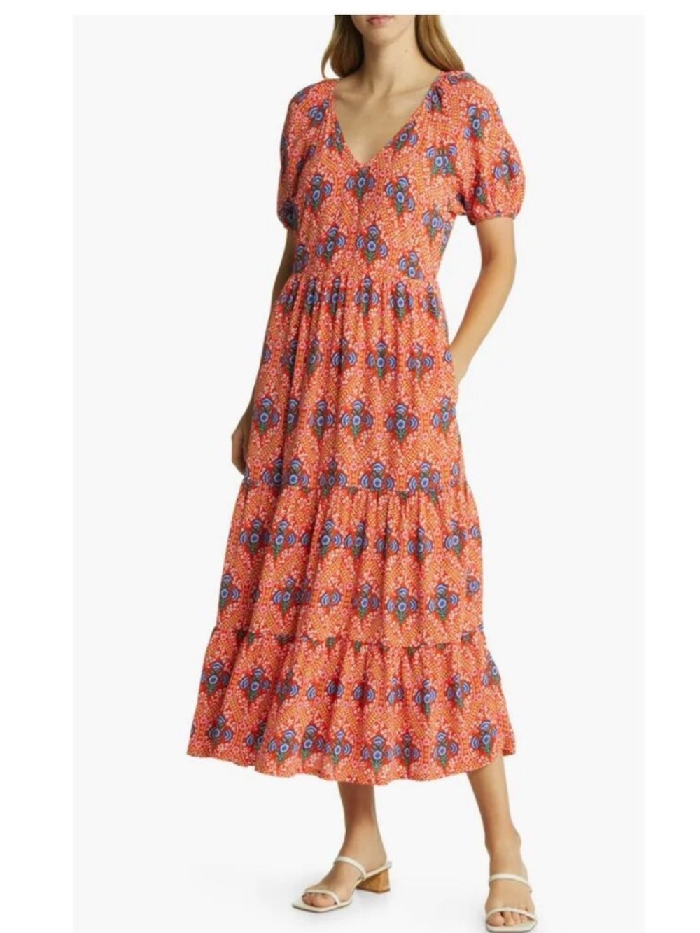 Boden Orange and Blue Floral Mosaic Tiered Midi Dress